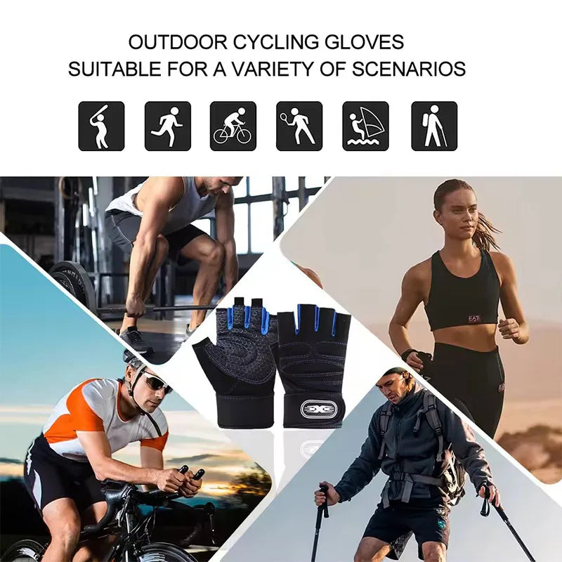 Black and blue fingerless cycling gloves with textured palms, Velcro wrist straps, and padded grip details.