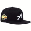 Black baseball cap featuring a white embroidered letter 'A' on the front and a yellow globe logo on the side.