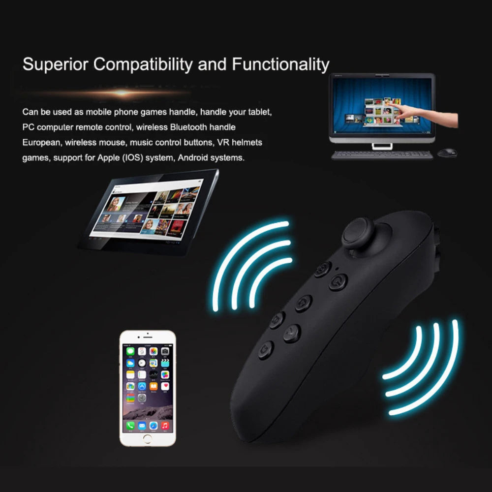 Black wireless VR remote controller with joystick and buttons, connecting to a smartphone, tablet, and PC.