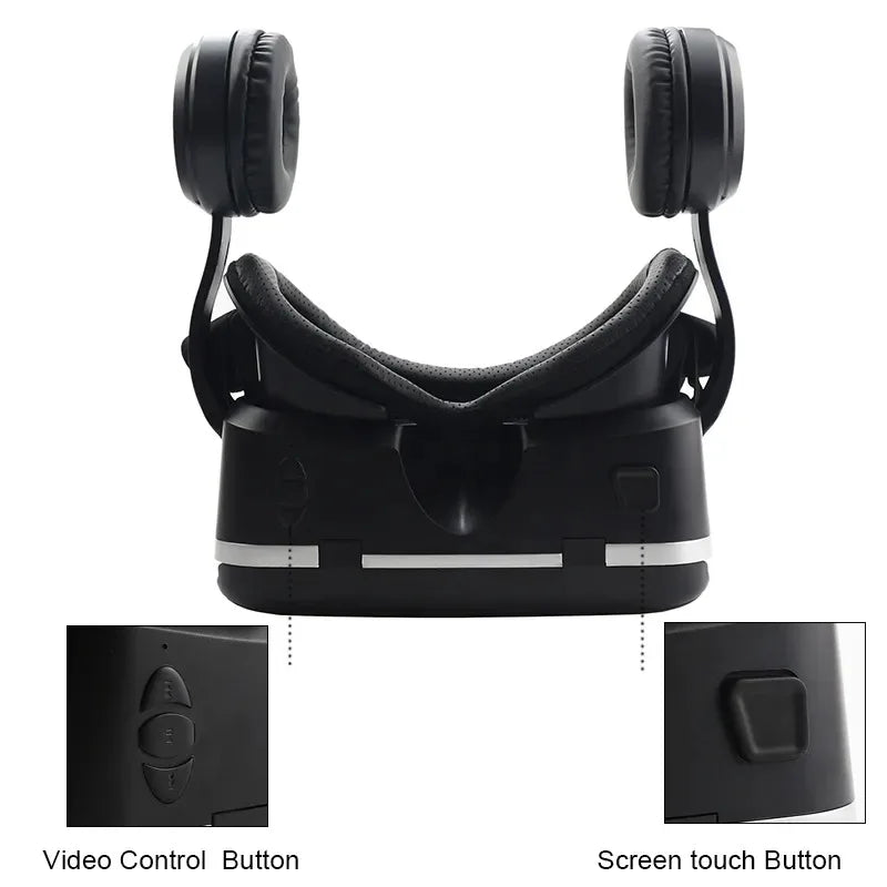Black 3D VR headset with adjustable over-ear headphones, padded facial interface, video controls and touch button.