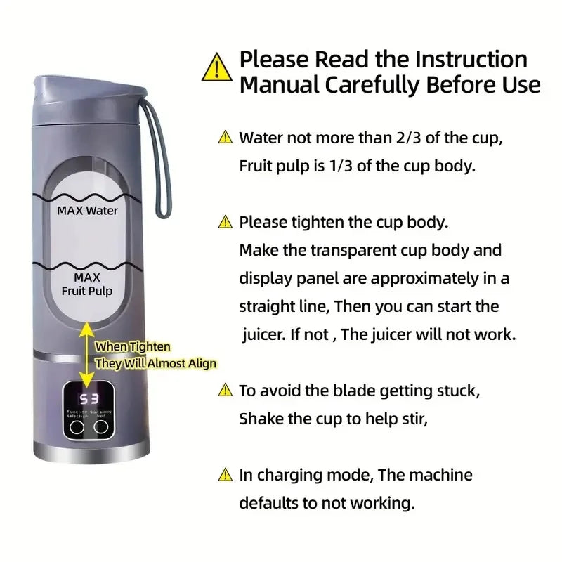 Grey portable electric blender with a digital display, transparent cup section, and instructional text on usage.
