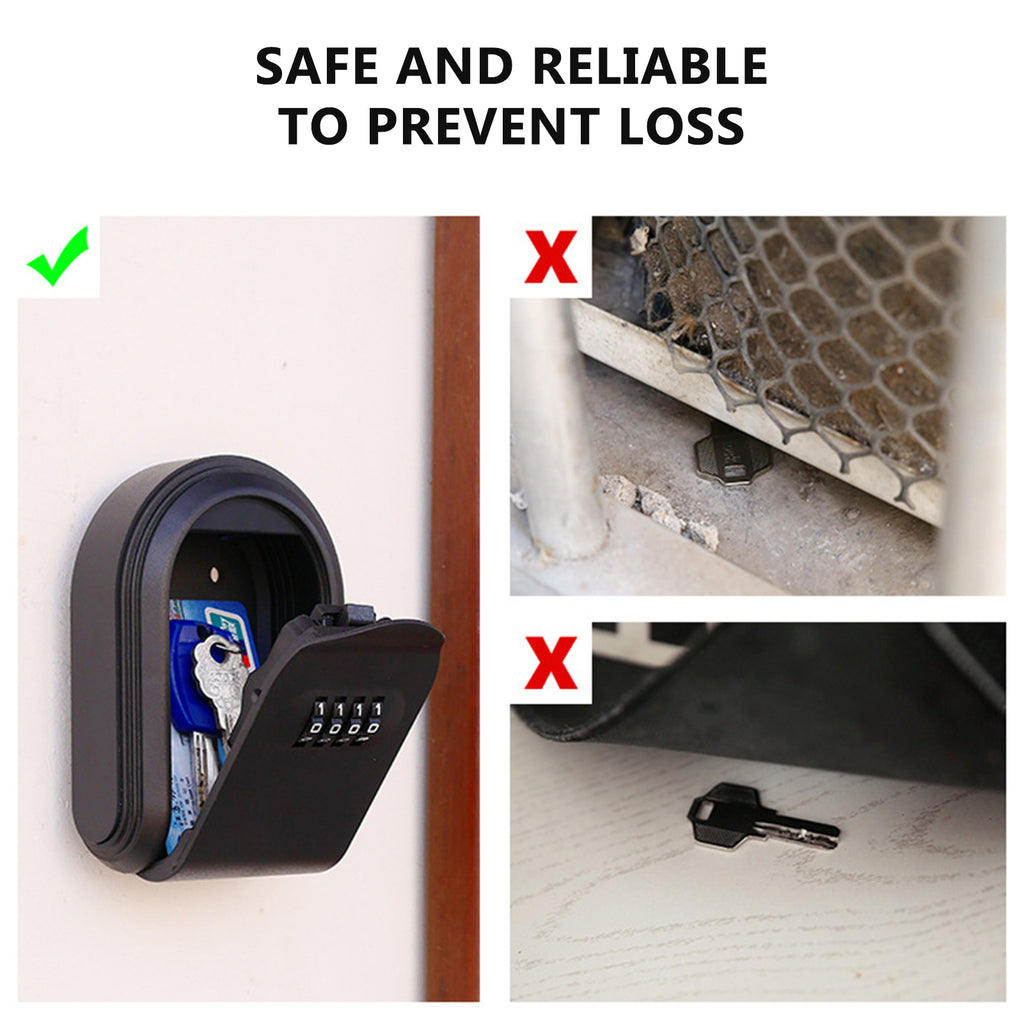 Black wall-mounted metal key lock box with a four-digit combination dial, compared to insecure loose keys.