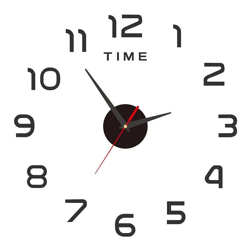 Modern 2D wall clock with black, minimalist numbers, a central black disc, and sleek black and red hands.