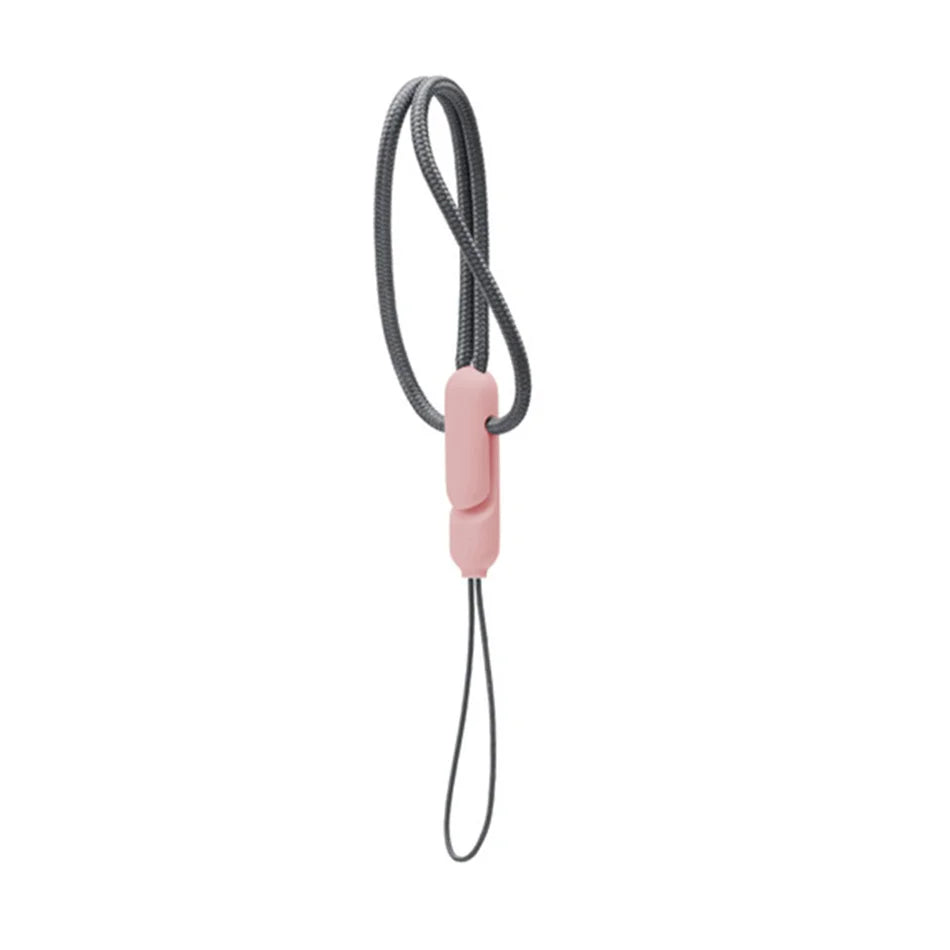 Pink silicone AirPod case lanyard with a grey woven cord loop, suitable for AirPods Pro or standard charging cases.