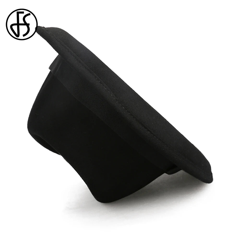 A classic black unisex wool felt fedora with a matching ribbon band, shown from a side angle.