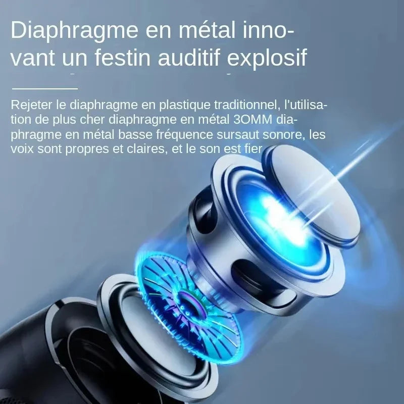 Close-up of a portable wireless speaker’s internal components featuring a sleek metallic diaphragm with a glowing blue light.