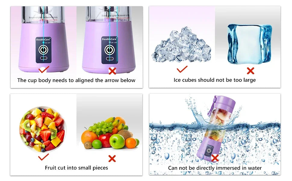 Instructional graphic for a compact, purple portable blender showing usage tips for ingredients and cleaning.