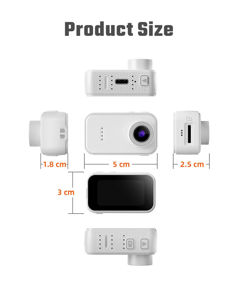 White plastic action camera shown from multiple angles with dimensions: 5cm length, 3cm height, and 1.8cm to 2.5cm depth.