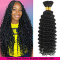 Black deep wave human hair bundle showing tight curls and a bound top against white.