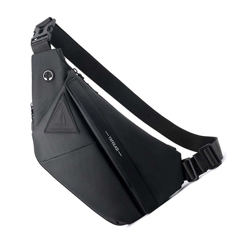 Black anti-theft crossbody sling bag with a modern, slim design, adjustable strap, and headphone port.