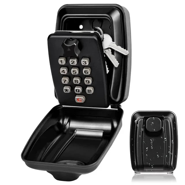 Black metal wall-mounted key lock box with a push-button combination keypad, shown open with keys inside.