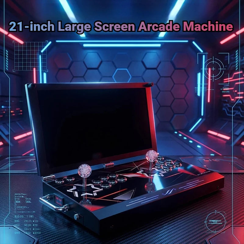 Black two-player arcade game console with a 21-inch screen, dual joysticks, crystal balls, and multi-button controls.