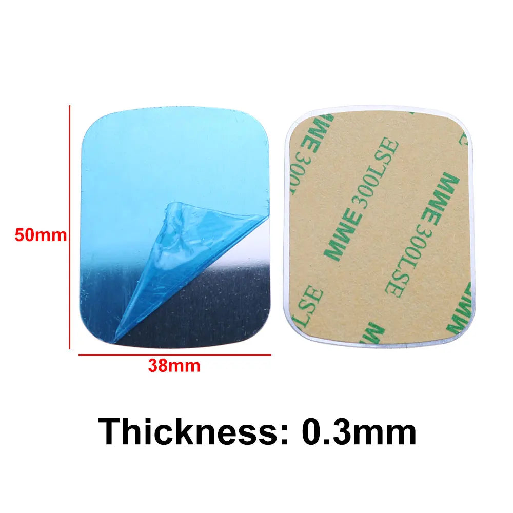 Two 50x38mm adhesive metal plates, 0.3mm thick, one with blue peel-off film, one with brown paper backing.