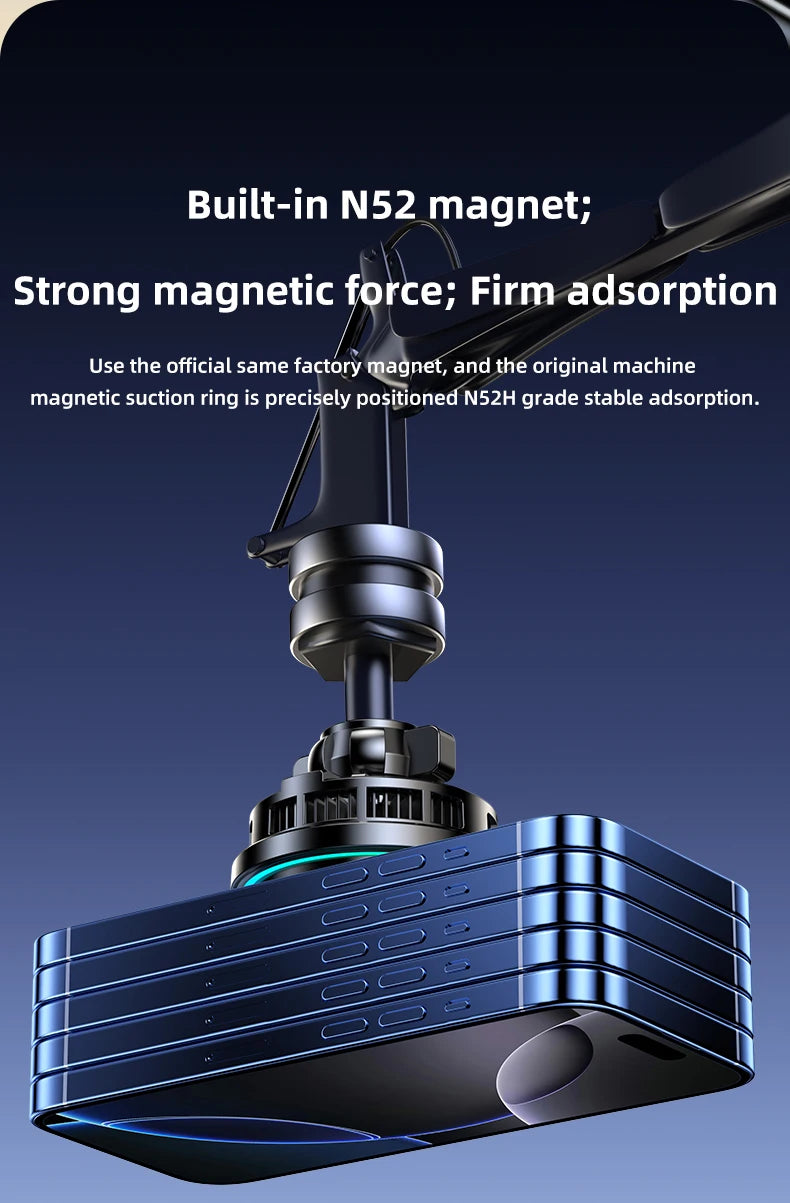 A sleek, metallic black magnetic phone mount holding a stack of four blue smartphones against a dark blue background.