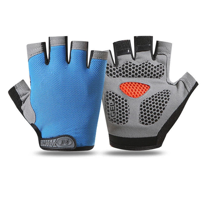 Pair of blue and grey fingerless cycling gloves with gel-padded palms and breathable mesh fabric.