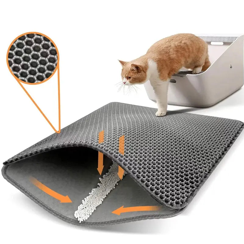Grey, double-layered cat litter mat with a honeycomb top to trap litter and a waterproof bottom layer.
