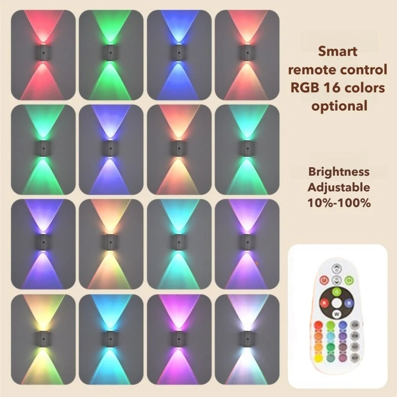 Rechargeable LED wall lamp showing 16 RGB colours, dimmable beam effects, and an included remote control.