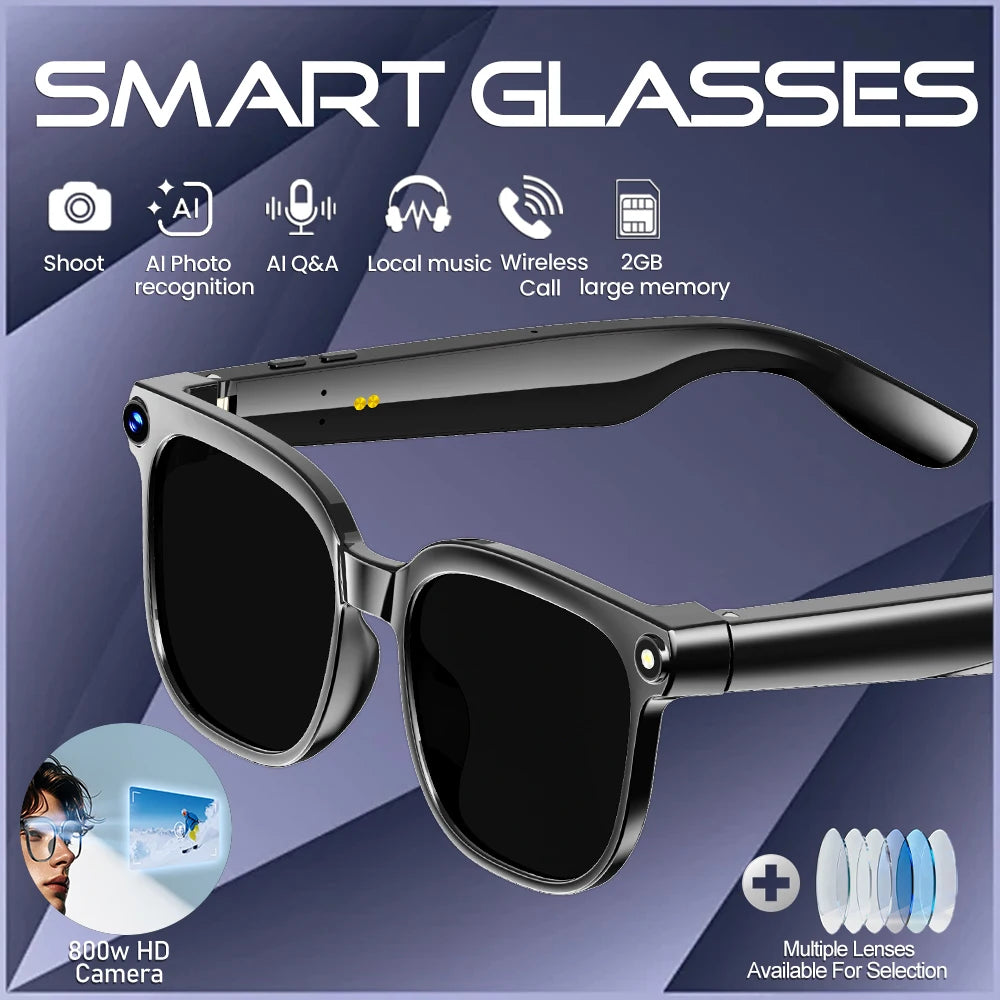 Black smart glasses with a 4K camera, AI translation, Bluetooth audio, and interchangeable lens options.
