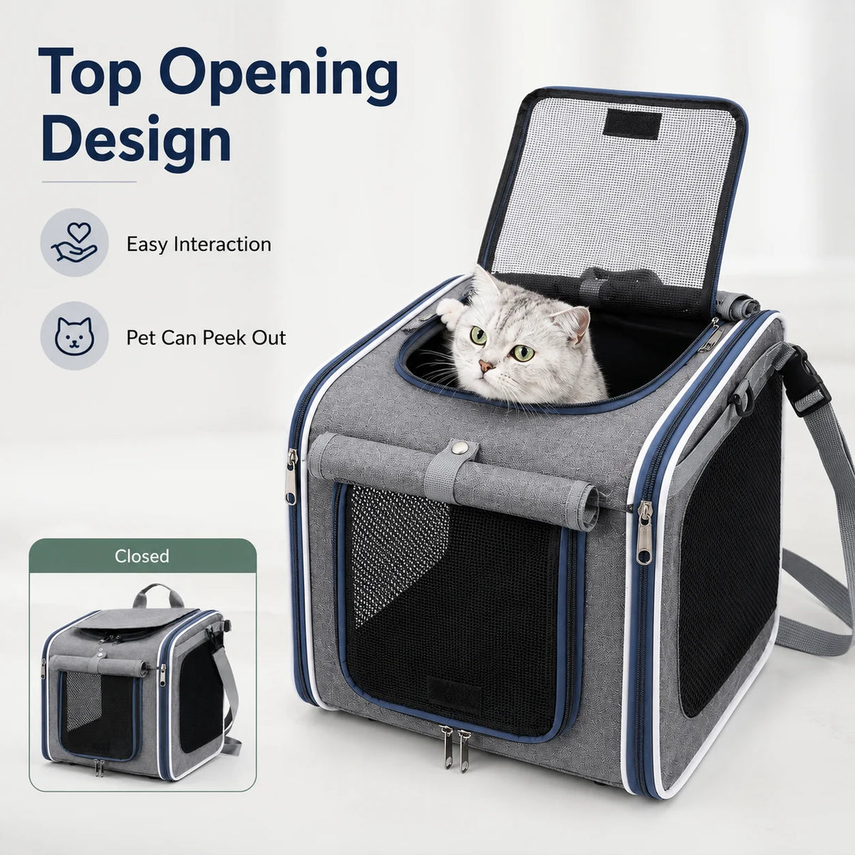 Gray pet carrier backpack with mesh windows and open top, showing a cat looking out.