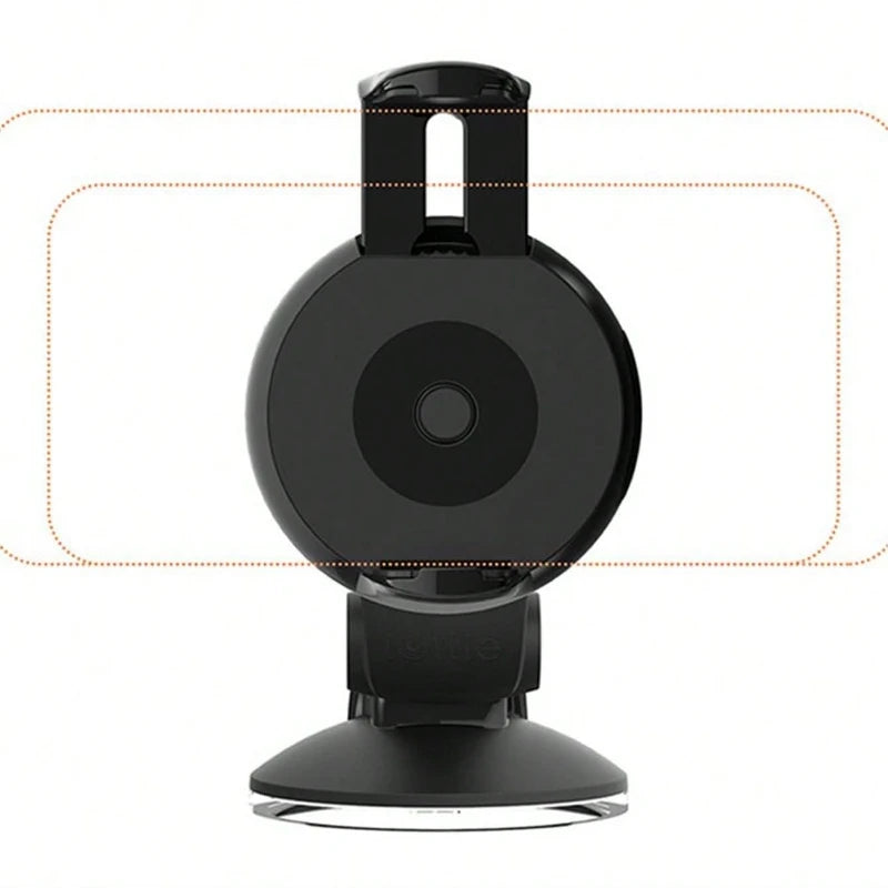 Black car dashboard phone mount with a round cradle, adjustable top clip, and sturdy suction cup base.