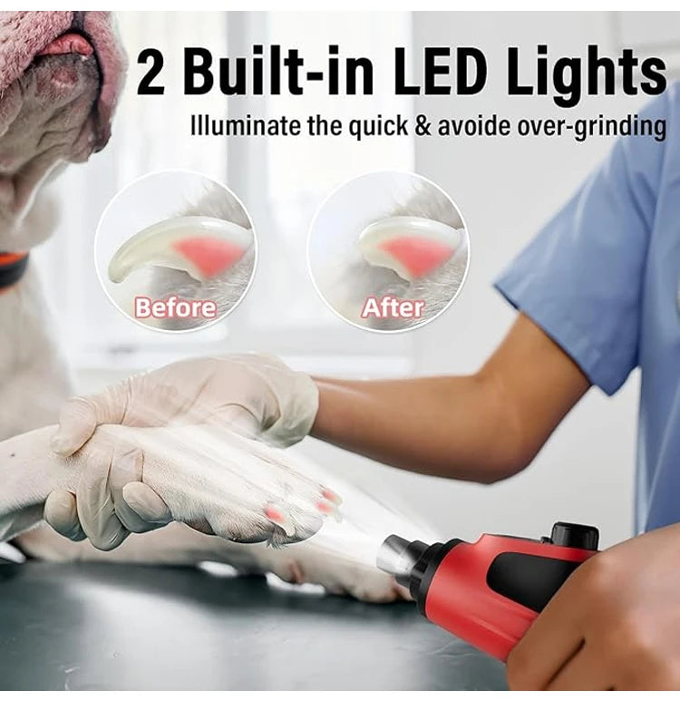 A person uses a red and black electric pet nail grinder with an LED light to trim a dog's claw safely.