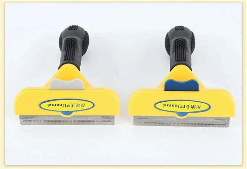 Two yellow pet grooming de-shedding tools with black rubber grips and white or blue release buttons.