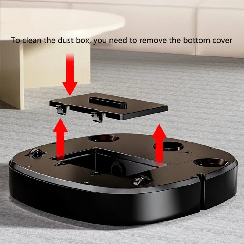 An instructional image showing a black robot vacuum's bottom cover being removed with red arrows.