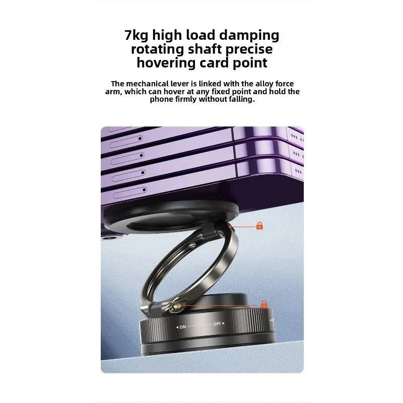 Black magnetic phone ring holder with a rotatable, high-load mechanical arm for stable, multi-angle viewing.