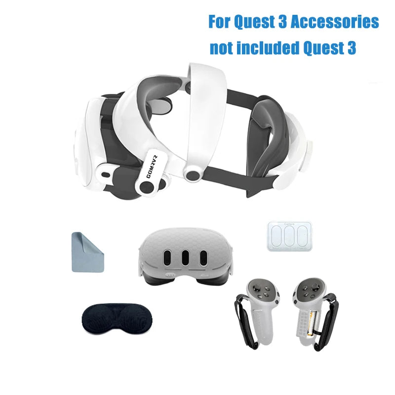 White adjustable halo head strap for Meta Quest 3, with grey protective silicone covers and controller accessories.