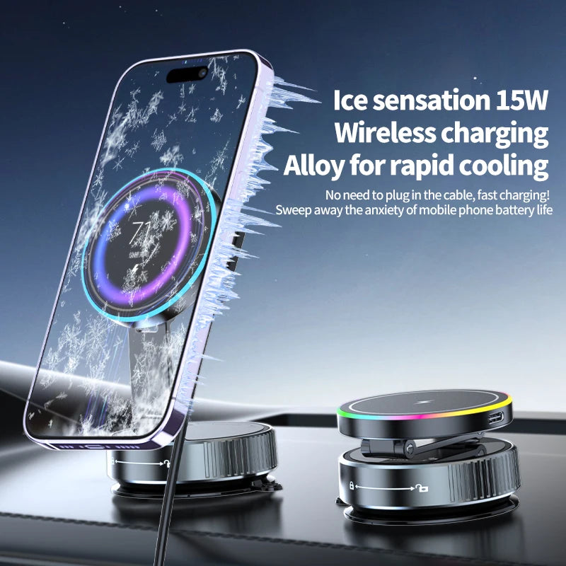 Silver alloy car phone mount with wireless charging, magnetic attachment, cooling design, and rainbow LED light ring.