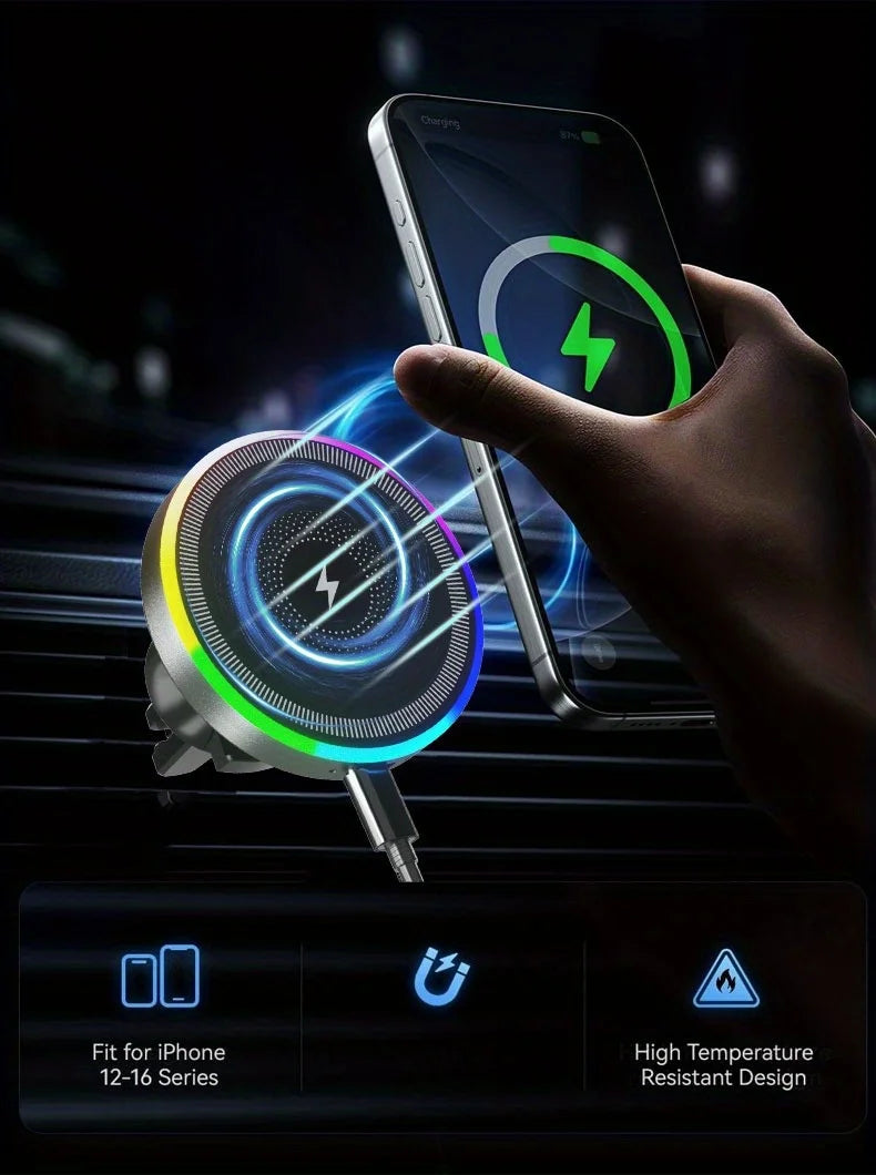 Magnetic car phone charger with a circular, silver design and glowing multicolored LED ring light.