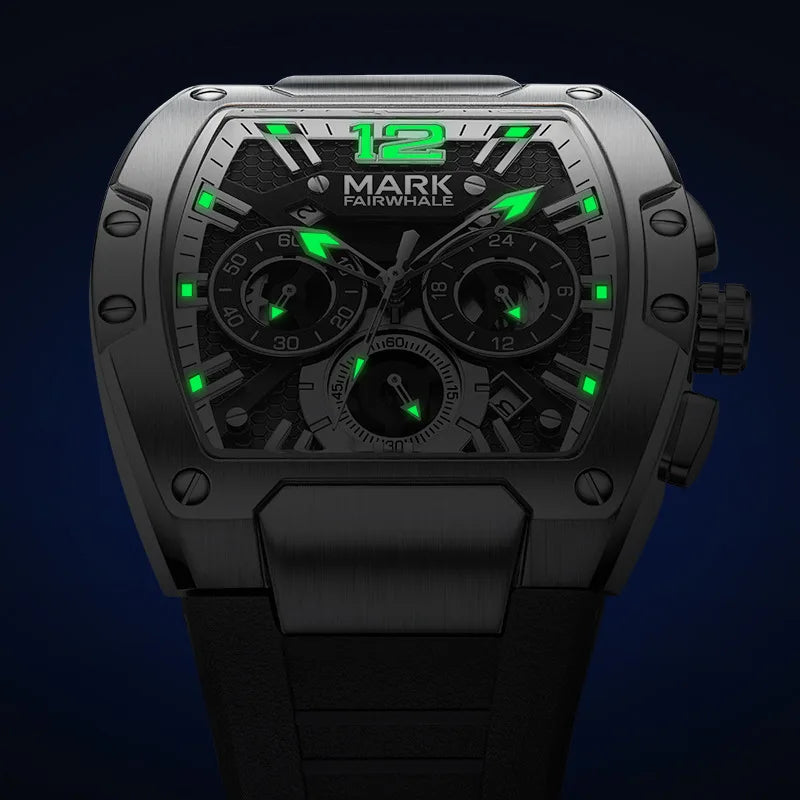 Mark Fairwhale black tonneau wristwatch with glowing green hands, markers, and three sub-dials.