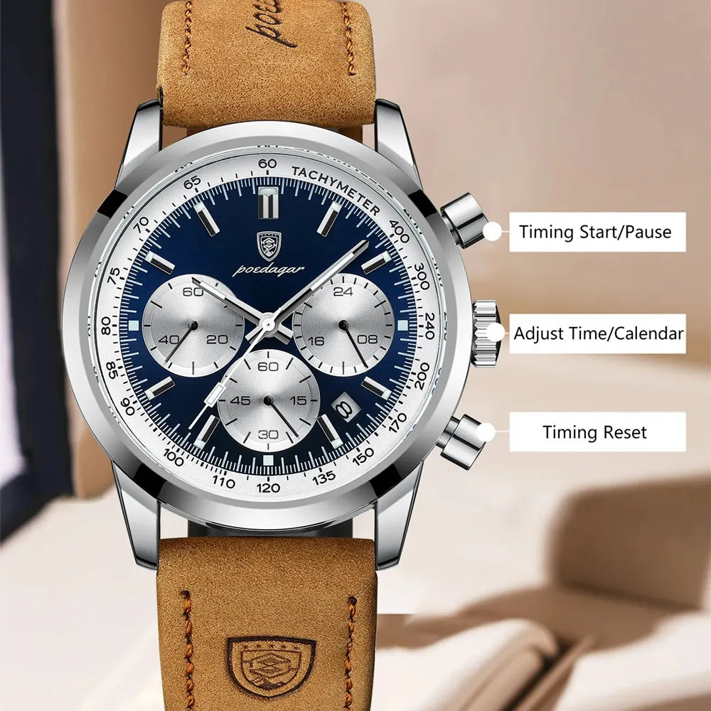 POEDAGAR men's quartz watch with a round silver case, blue chronograph dial, and brown leather strap.