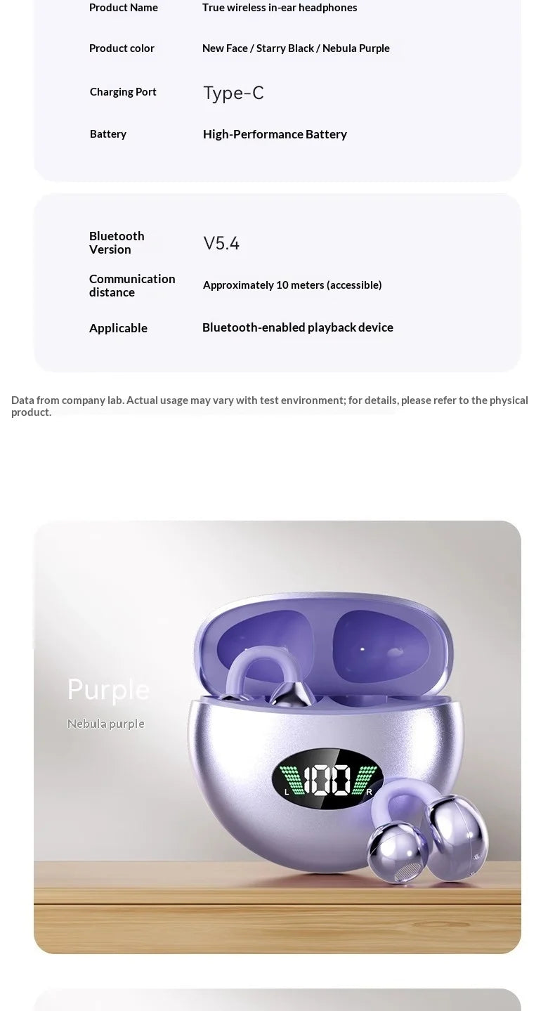 Nebula purple true wireless earbuds with a metallic finish, open charging case, and digital LED battery display.