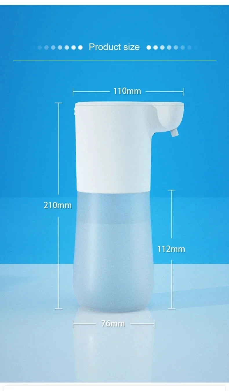 White and translucent automatic touchless foam soap dispenser, showing product dimensions on a blue background.