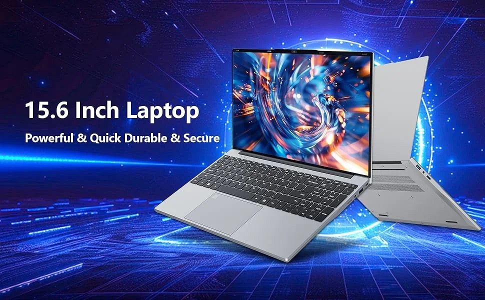 Sleek silver 15.6-inch laptop with a slim bezel, black keyboard, and vibrant abstract screen display.
