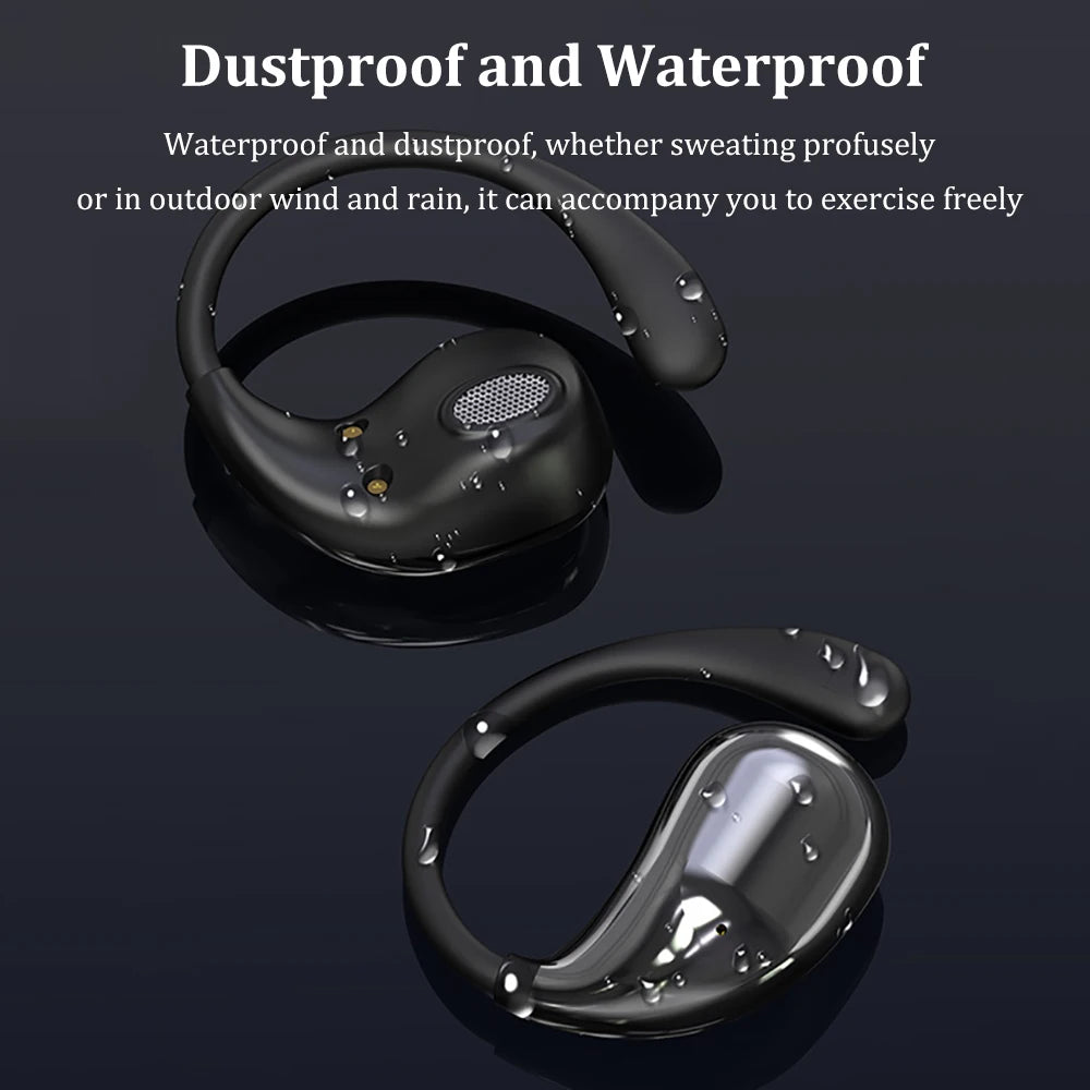 Black waterproof, dustproof sport ear hooks with a sleek, curved design covered in water droplets.