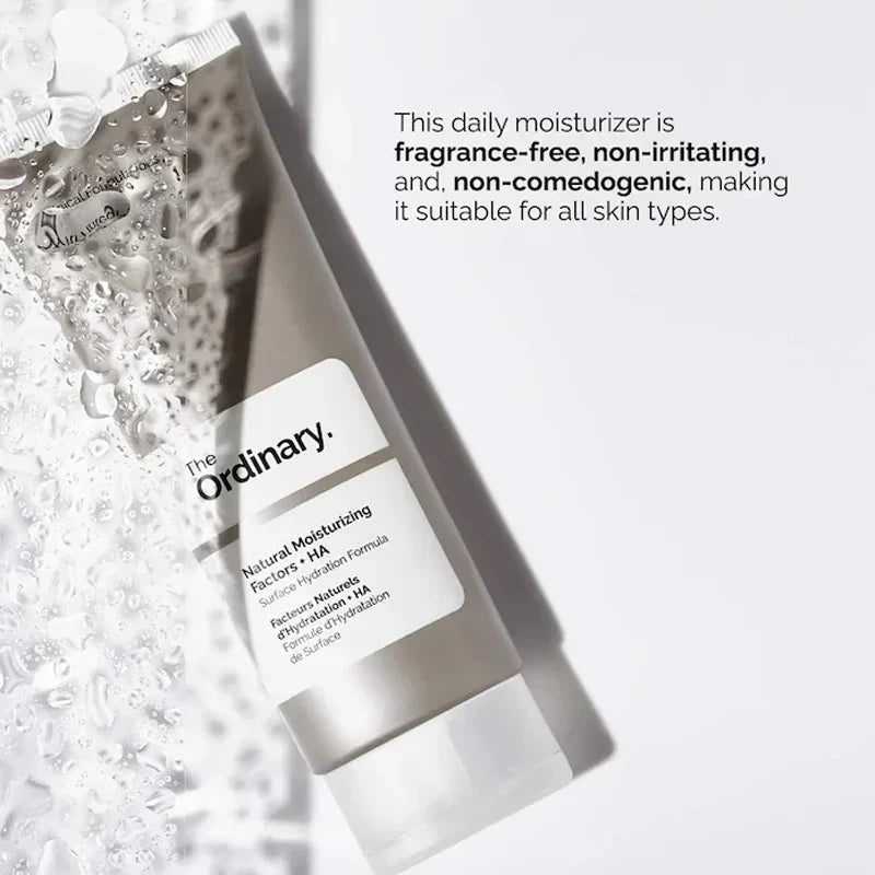 A white tube of fragrance-free daily moisturizer with HA, suitable for all skin types.