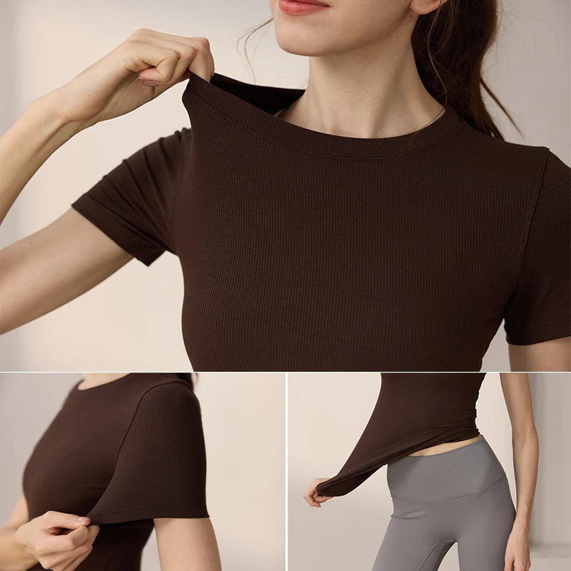 Dark brown ribbed crew neck t-shirt with short sleeves and a soft, stretchy fabric fit.