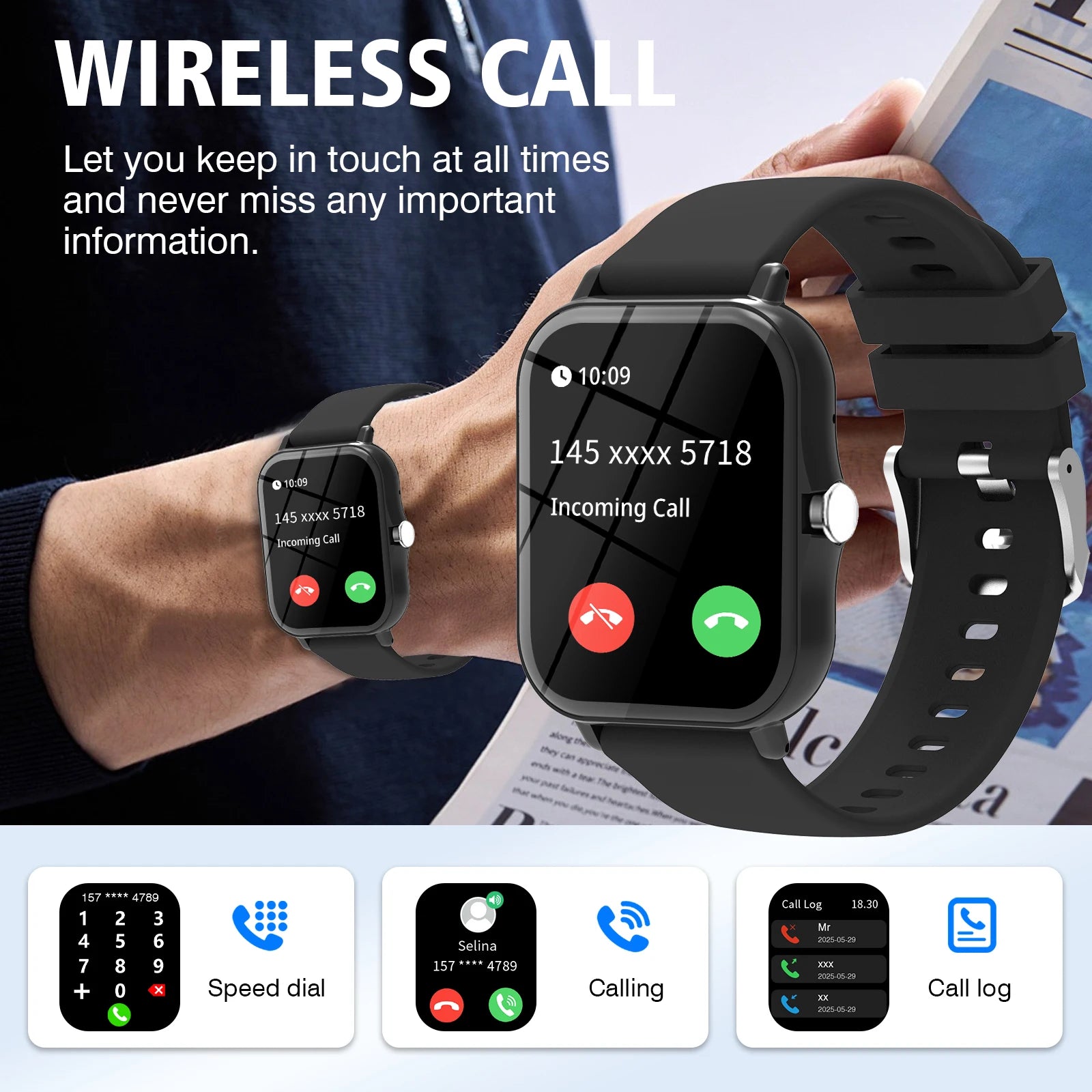 Black smartwatch with a square touchscreen, silicone strap, and wireless calling features showing an incoming call.
