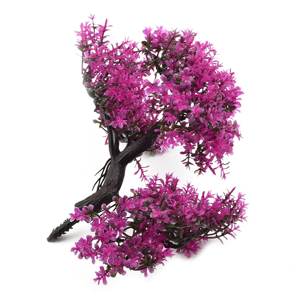 Artificial bonsai tree branch with dark brown bark and vibrant purple, spiky plastic leaves on a white background.