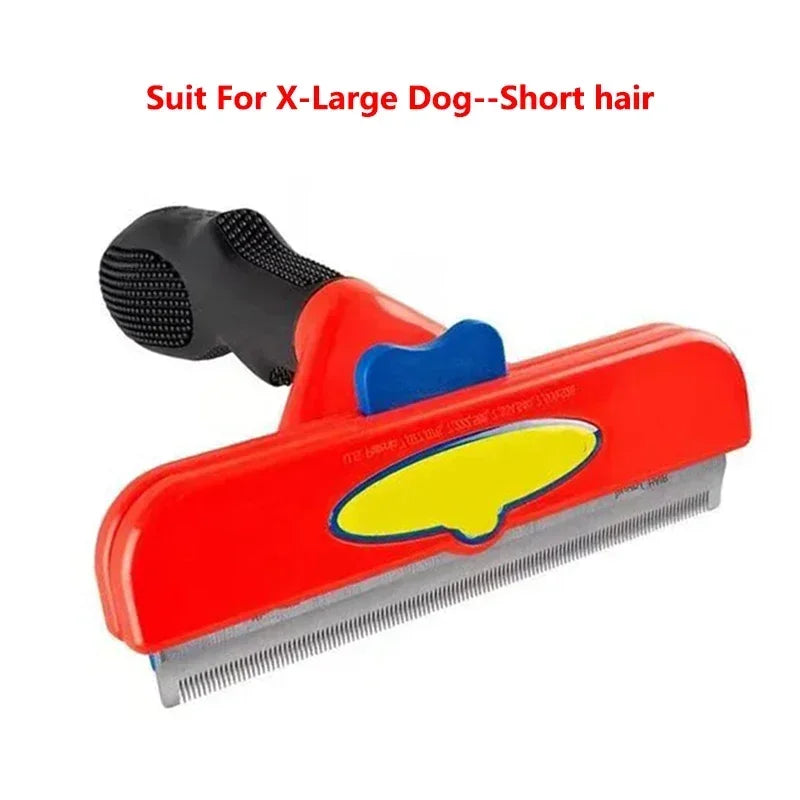 Red de-shedding tool for large short-haired dogs with a black grip handle, blue eject button, and yellow accent.