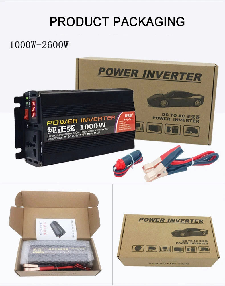 Black 1000W power inverter with digital display, connection cables, and retail box.