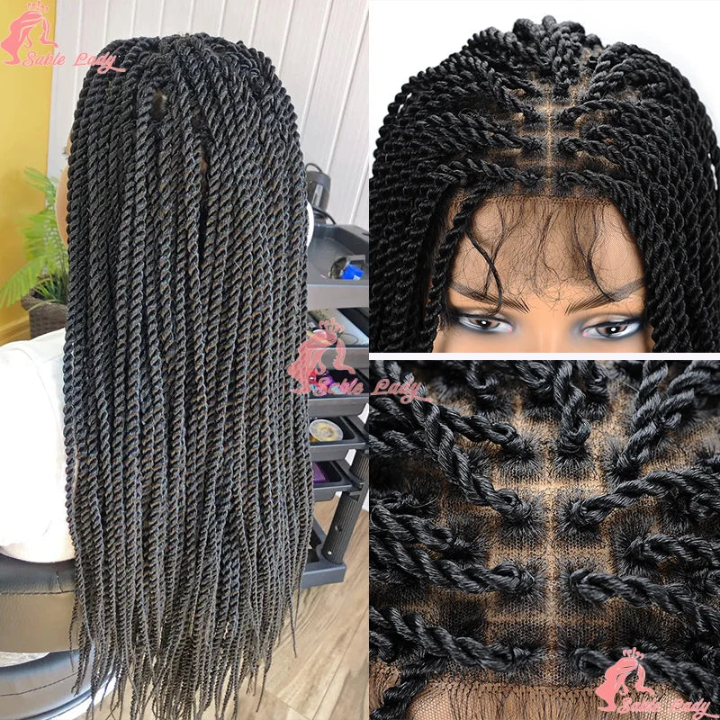 Black Senegalese twist braid wig with full lace front, showing knotless box-braided texture and part.