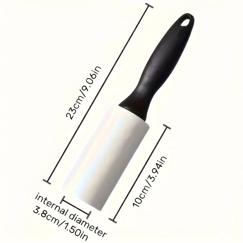 White lint roller with a black handle, featuring dimension annotations for length, width, and internal diameter.