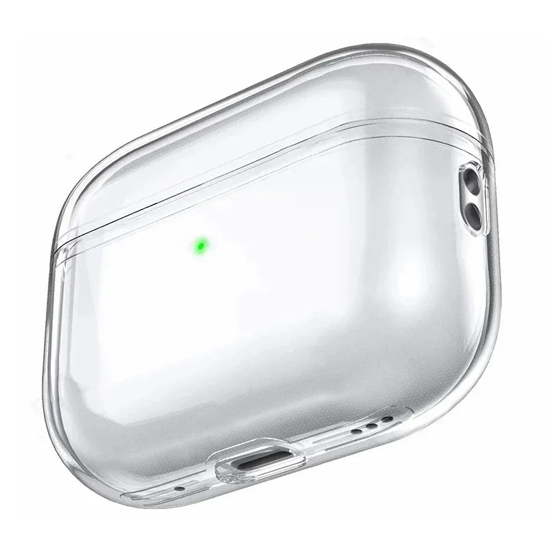 Clear protective silicone case for AirPods Pro, featuring a side lanyard loop and precise port cutouts.