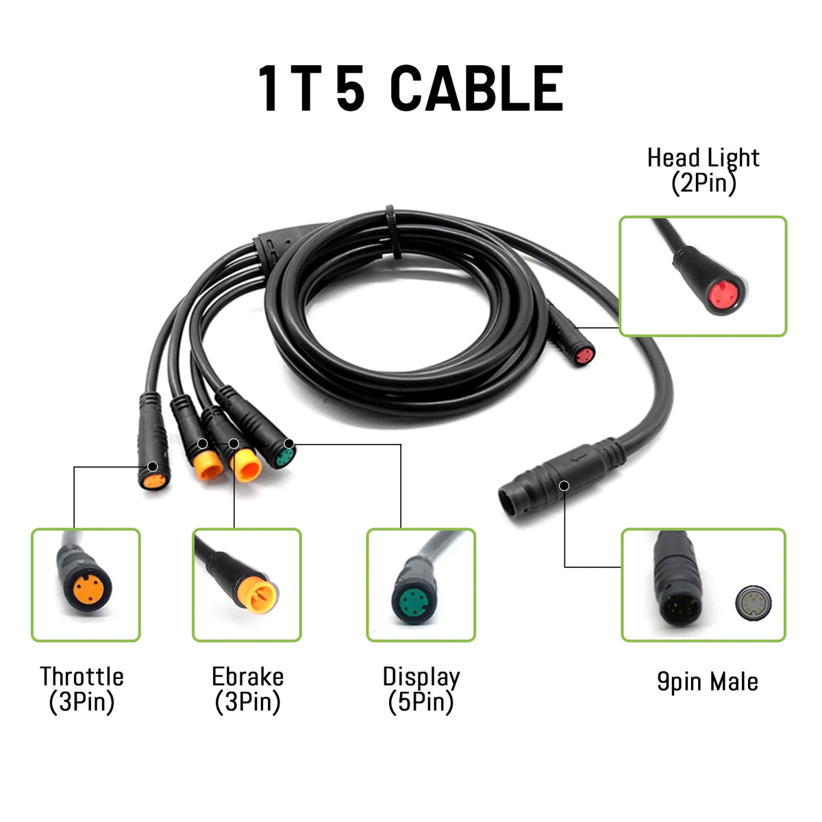 Black 1T5 e-bike conversion cable with multicolored connectors for throttle, e-brake, display, headlight, and 9-pin male.