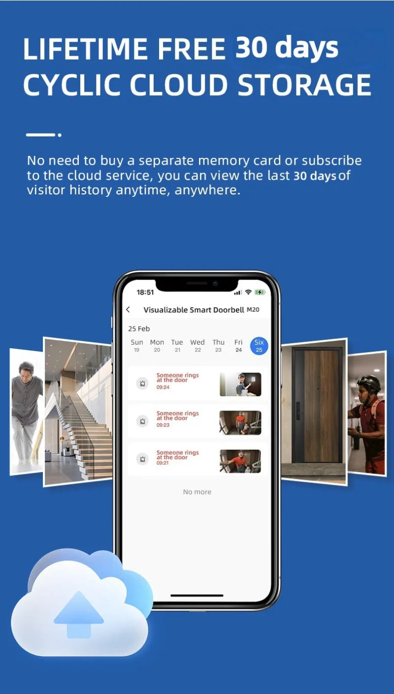 A smartphone app screen displaying a list of 30-day cloud storage video doorbell footage and visitor history events.