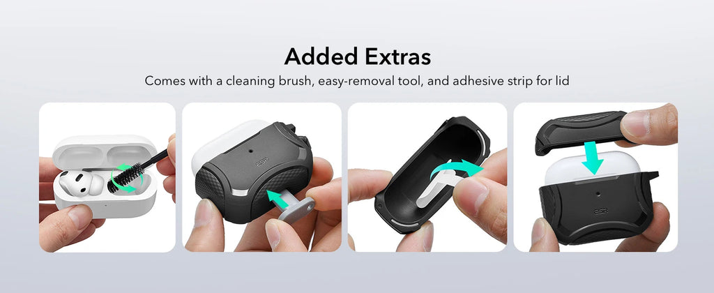 Black rugged silicone case for AirPods with cleaning brush, removal tool and adhesive strip.