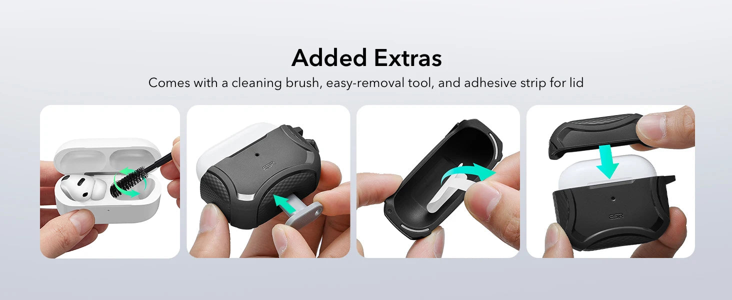 Black rugged silicone case for AirPods with cleaning brush, removal tool and adhesive strip.